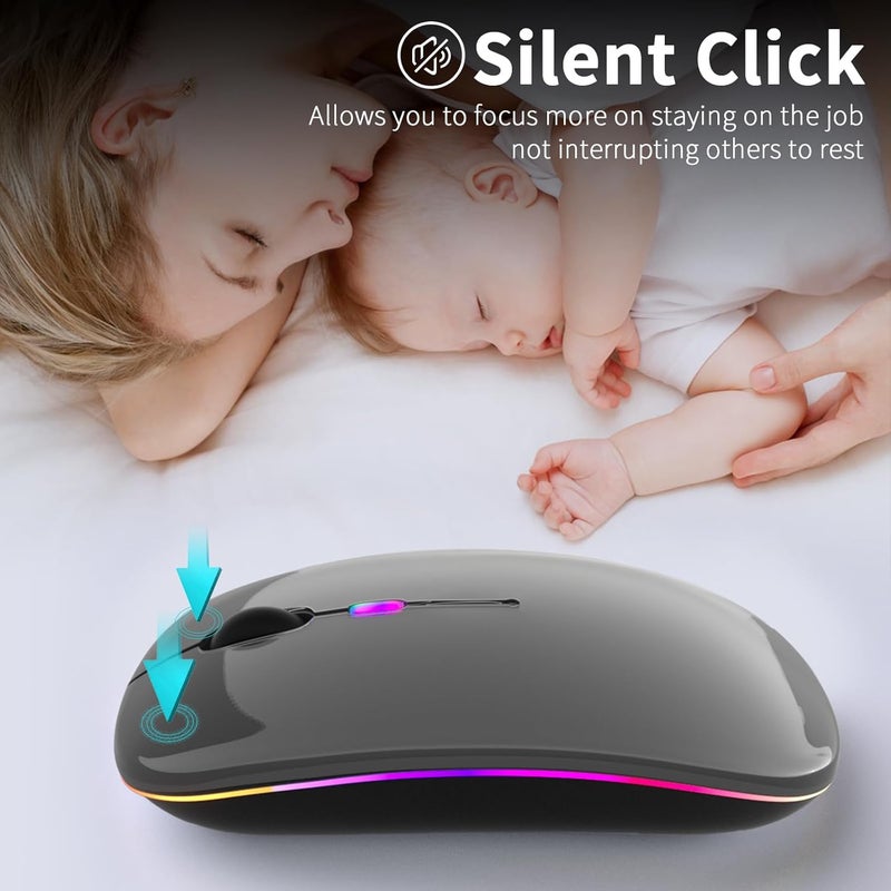 KANMABPC Wireless Bluetooth Mouse – Rechargeable, Silent, Dual Mode (Bluetooth 5.2 & USB) with LED Lights – Portable for Laptop, Desktop, & Tablet(Grey) - Image 2
